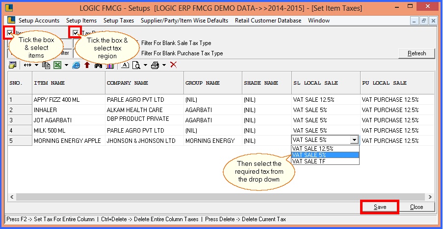 fmcg setup item taxes grid mode